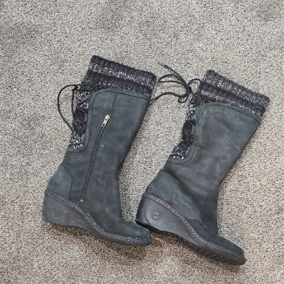 UGG Australia 1936 Tall Leather Winter Boots with Knit Cuff Wedge Shoes Sz 9 - Picture 1 of 9